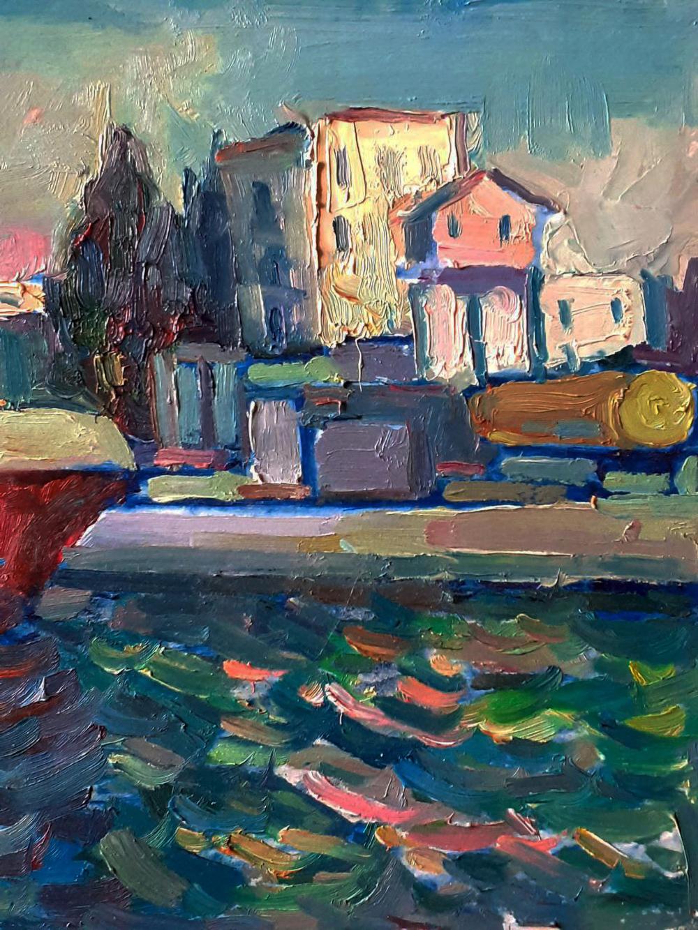 Vibrant impressionist oil painting of red barge in coastal town by Pavel Dobrev