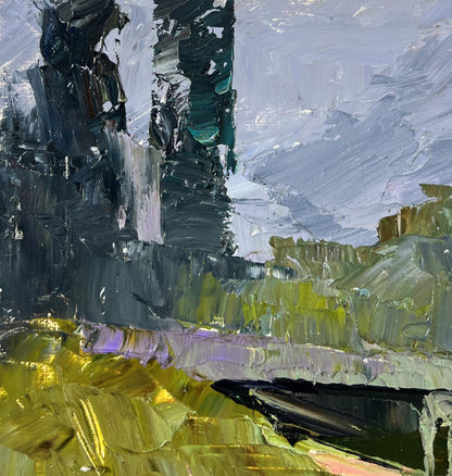 Oil painting Bridge over water by Boris Serdyuk, abstract impasto landscape