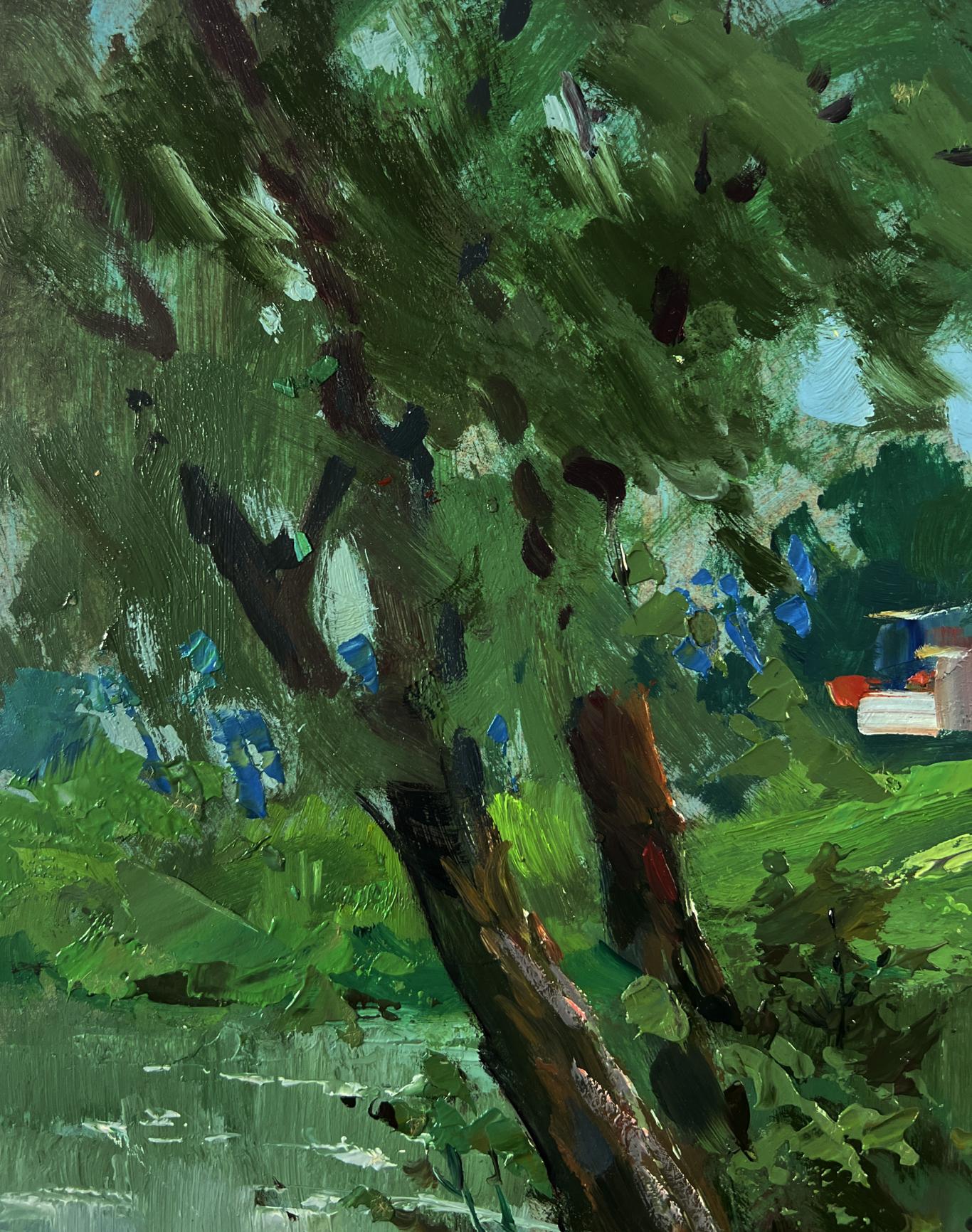 Textured impressionistic tree painting by Yuriy Suprunchuk with village river boats