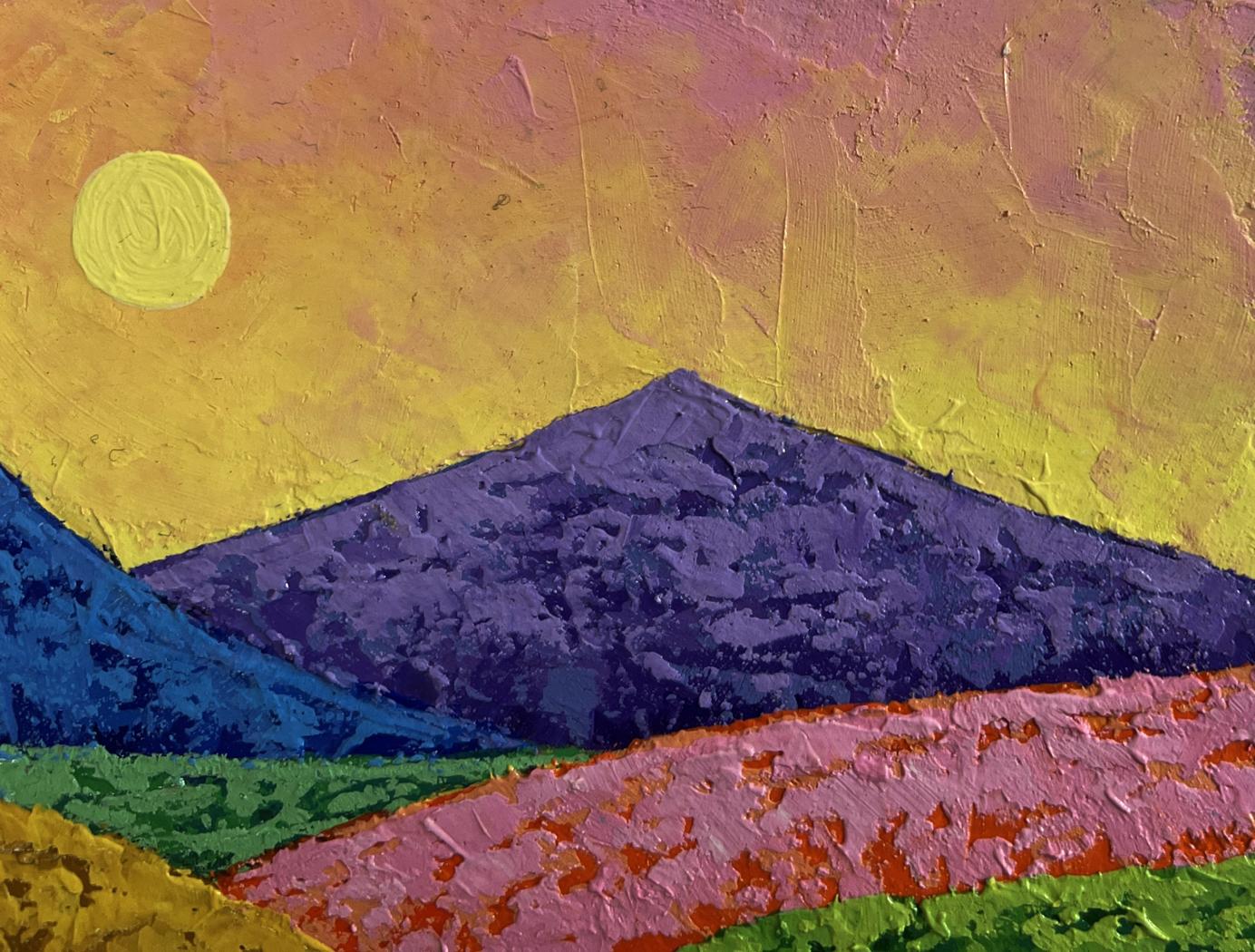 Vibrant oil painting by V. Zadorozhnya: purple mountain meadows under yellow sun