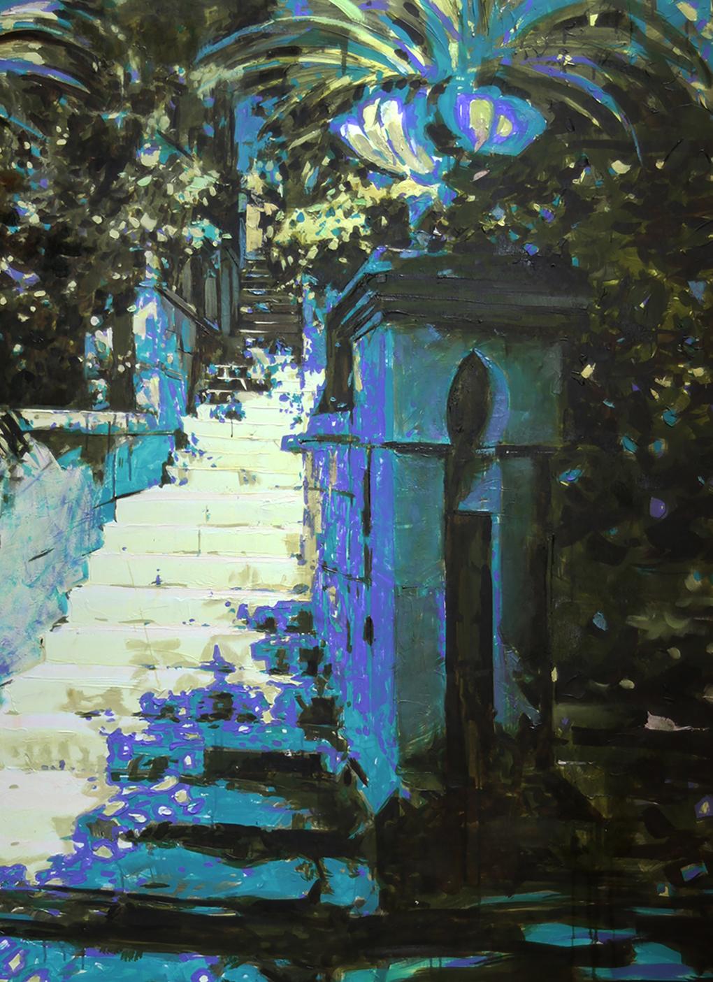 Vibrant Oil Painting Midday by Ed Potapenkov: stone staircase with palms