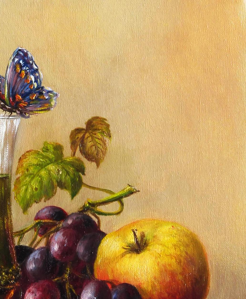Vibrant blue orange butterfly on vase in Valeriy Bulat oil painting