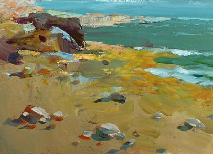 Vibrant impressionist oil painting of seagulls over seashore by Yuriy Suprunchuk