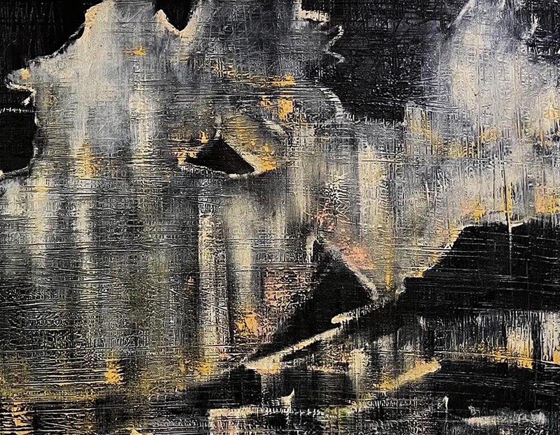 Oil painting Man Made Nature by Serhiy Kovalev with bold black white gold strokes