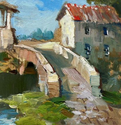 Oil painting of rustic stone bridge by Yuriy Suprunchuk