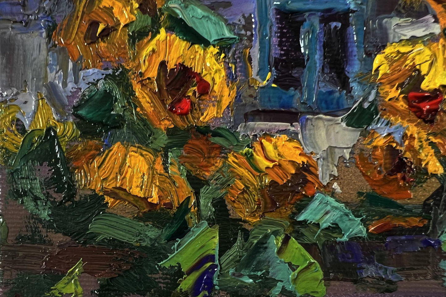 Oil painting Evening sunflowers by Oksana Ivanyuk vibrant impasto