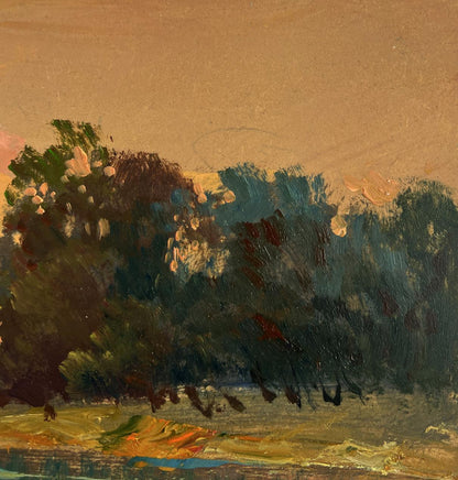 Textured oil painting of orange sunset over river by Yuriy Suprunchuk