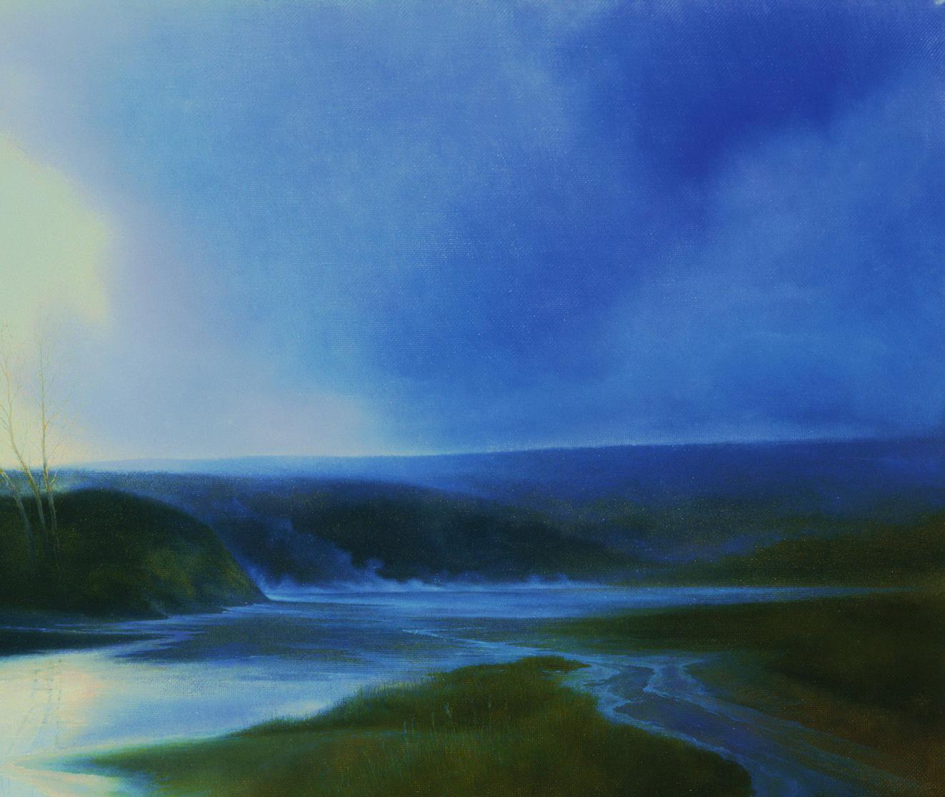 Serene blue Before the Storm oil painting by Vasily Korkishko with river and hills