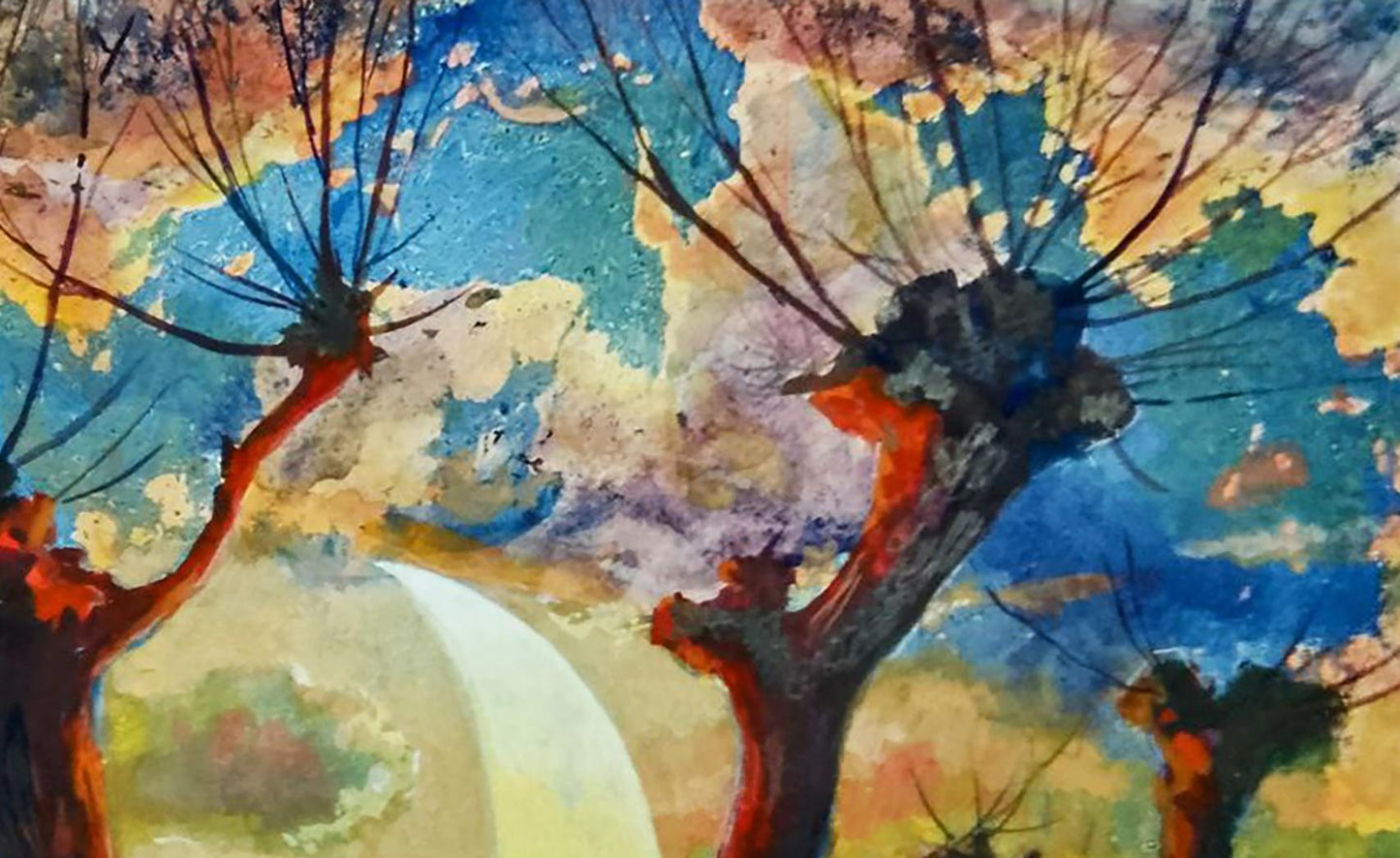 Vibrant oil painting Romantic evening by Vitaly Duhnevich with colorful bare trees