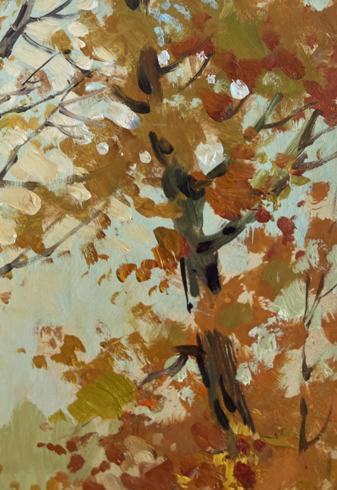 Impressionistic oil painting Fallen leaves in autumn park by Yuriy Suprunchuk