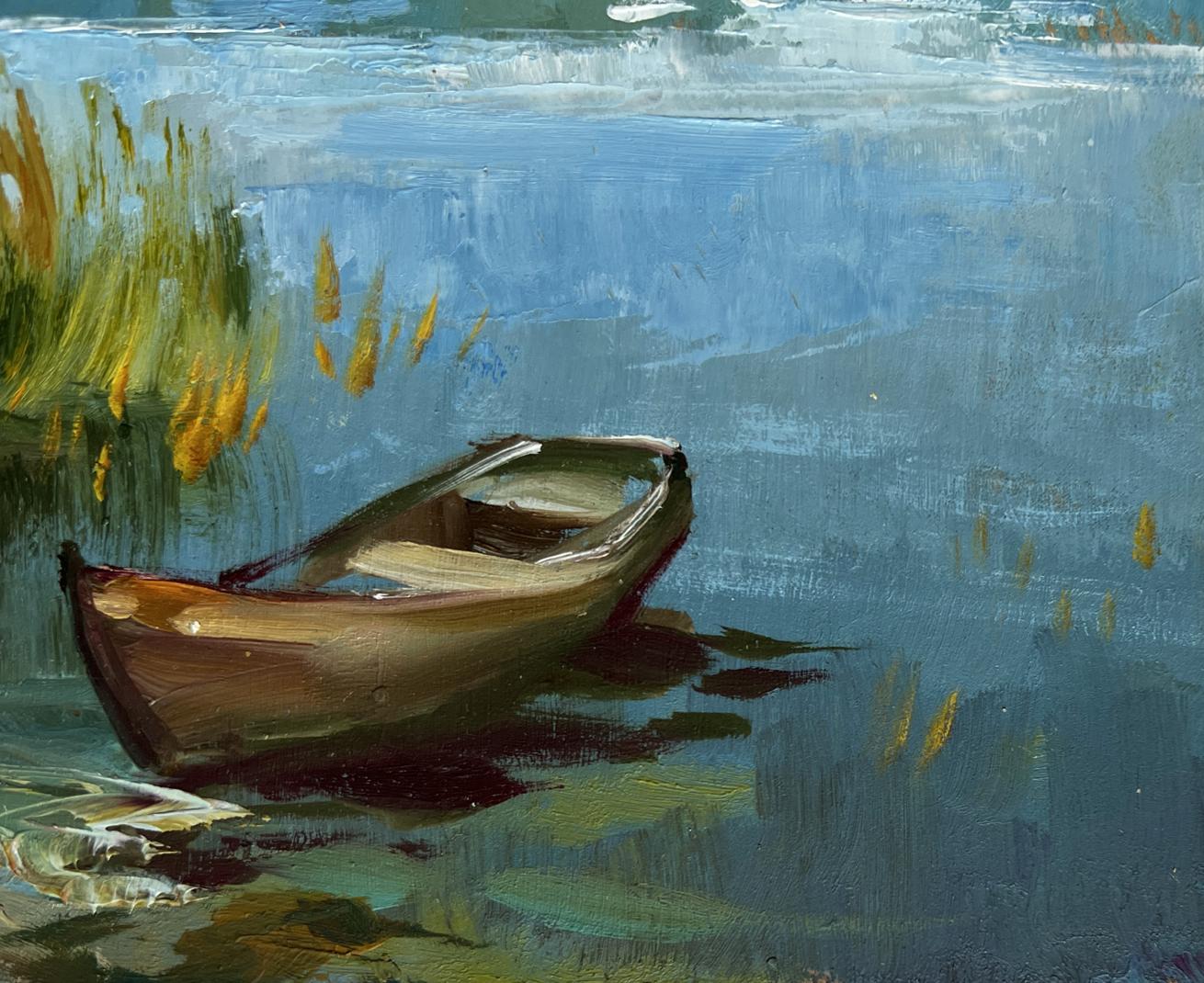 Oil painting of weathered rowboat among reeds by Yuriy Suprunchuk