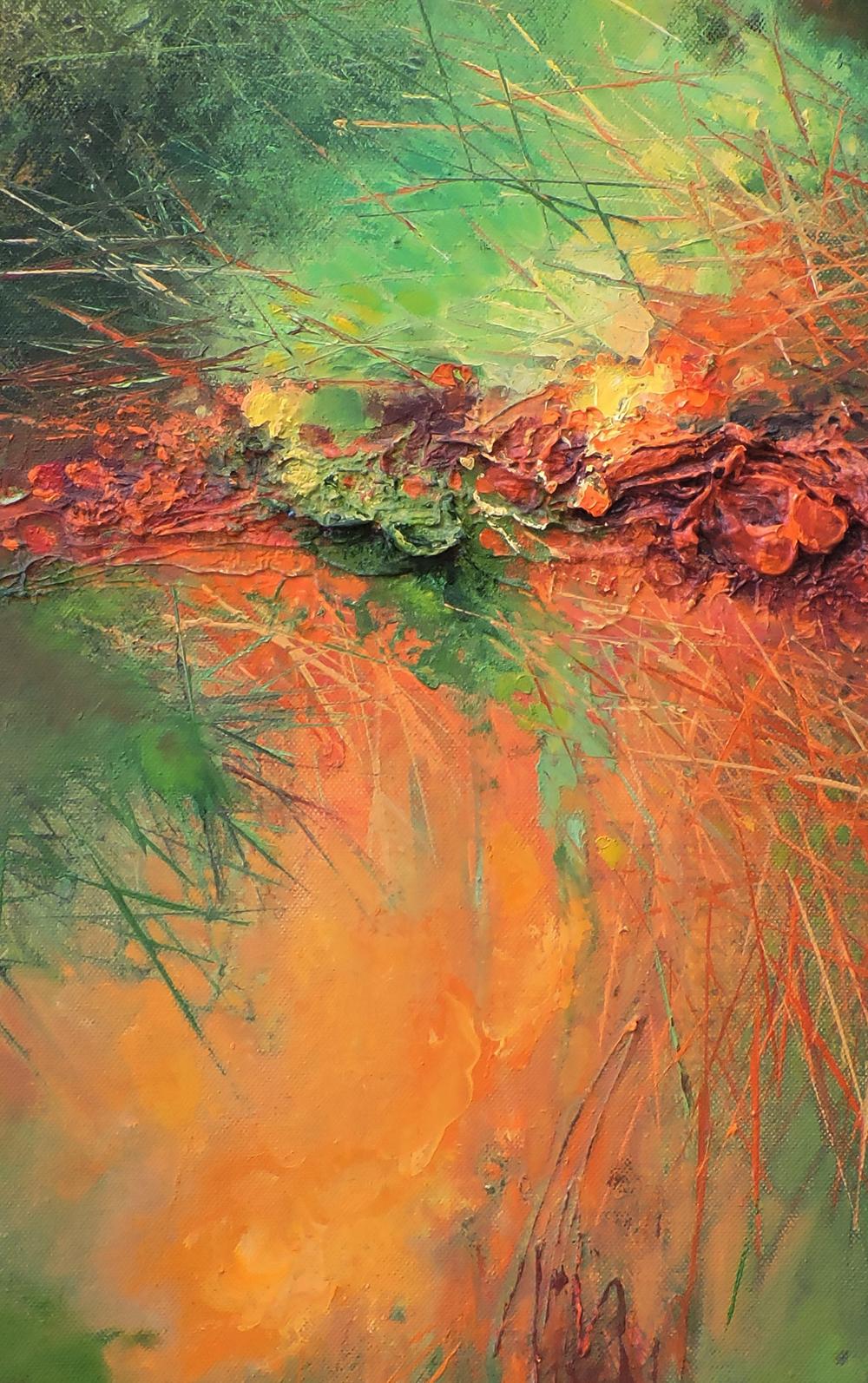 Vibrant Acute Interaction oil painting by Oksana Osnach in green, orange, red hues