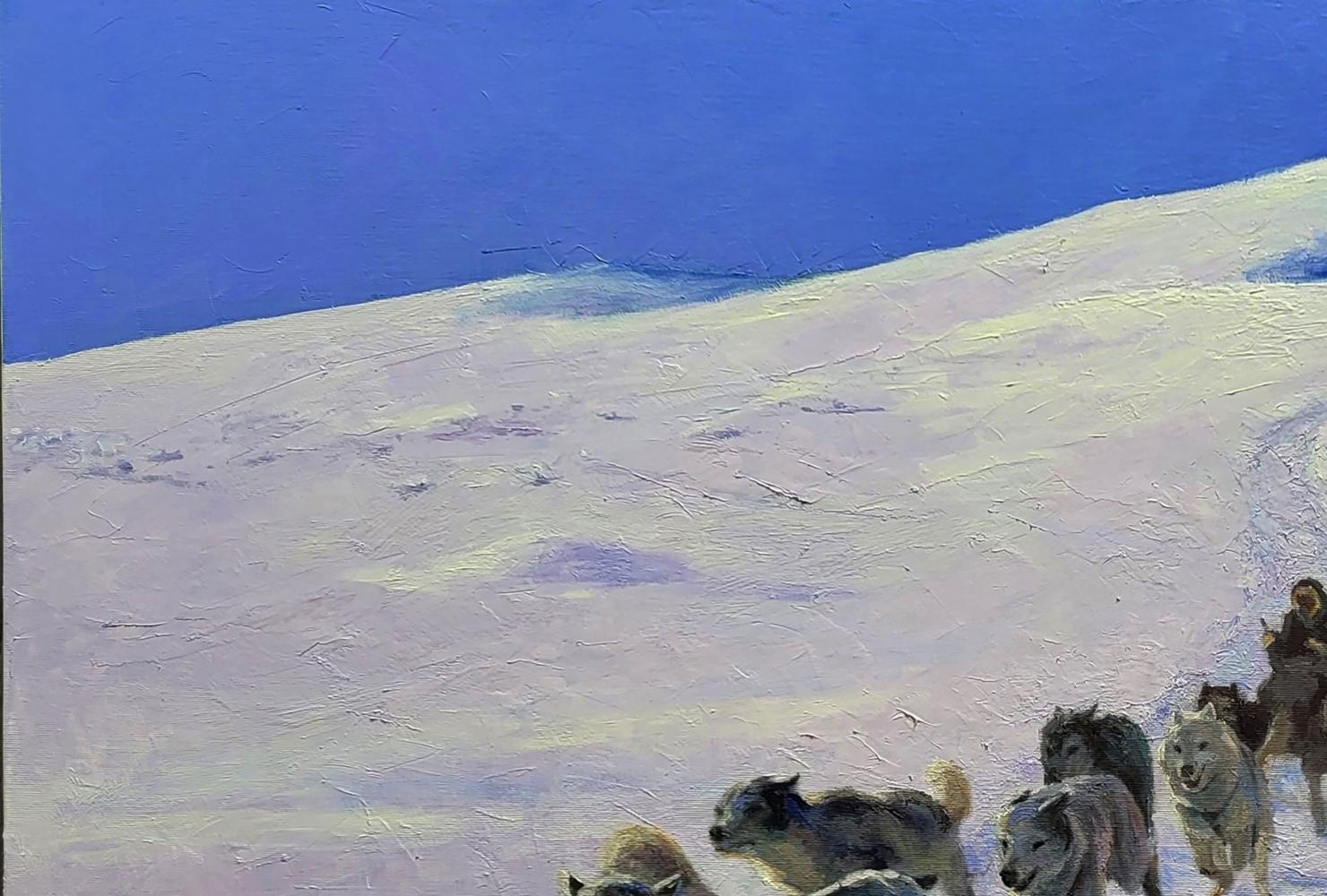 Oil painting by Boris Serdyuk: gray sled dogs pulling sled in snowy mountains