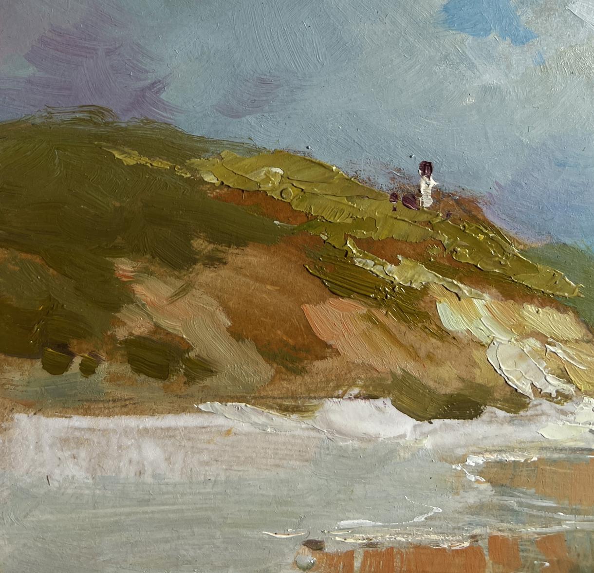 Oil painting of small white figure on green brown hill by Yuriy Suprunchuk