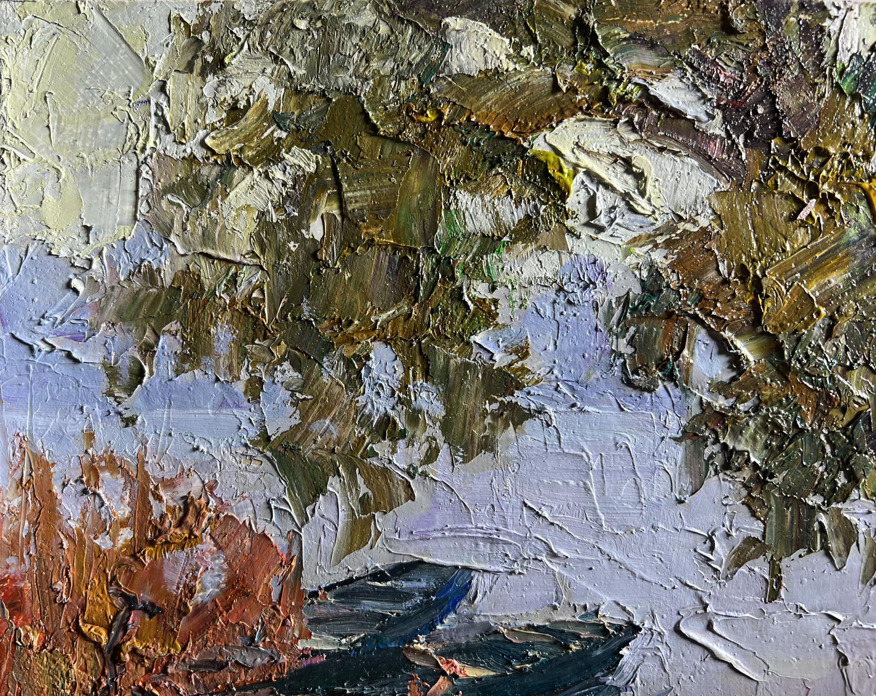 Oil painting Boats on the shore by Boris Serdyuk in earthy impasto tones