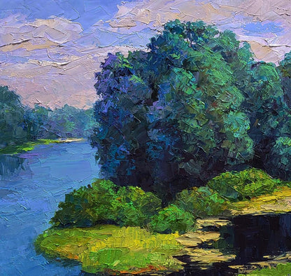 Oil painting Relaxation on the river beach by Boris Serdyuk, lush green tree by serene river