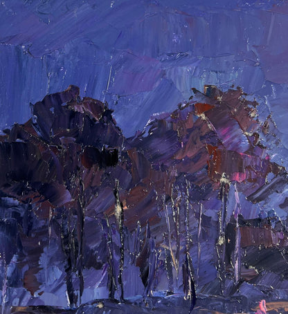 Oil painting The city never sleeps by Boris Serdyuk, purple mountain landscape