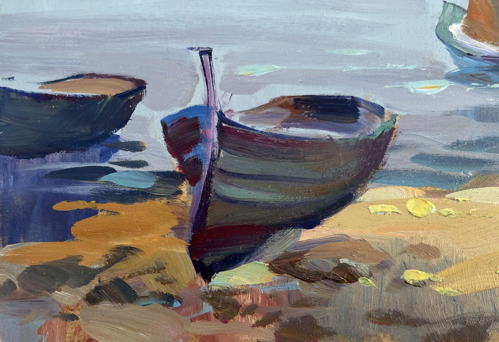 Oil painting of painted wooden rowboat with blue red hull on rocky shore by Yuriy Suprunchuk