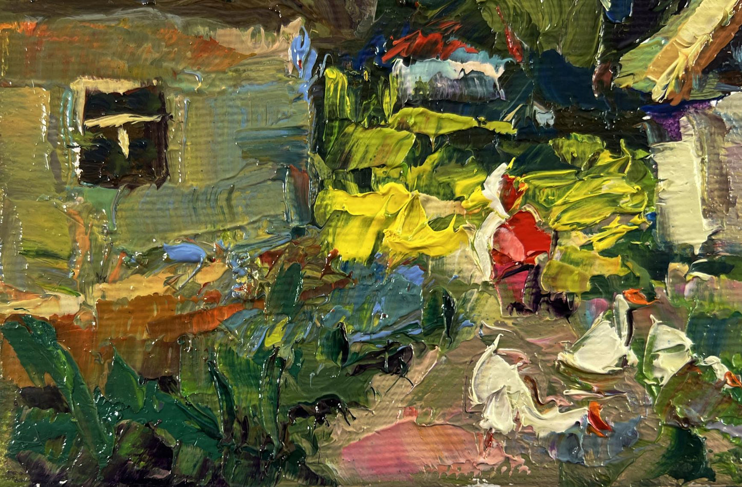 Oil painting Rural everyday life Oksana Ivanyuk with vibrant green foliage