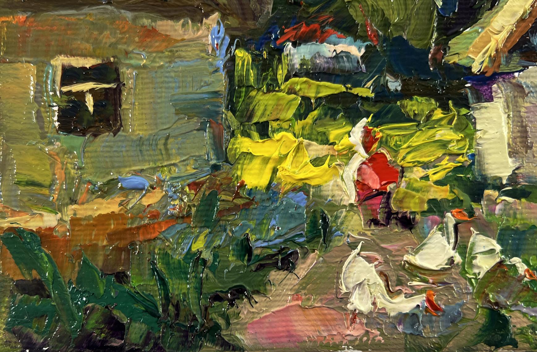Oil painting Rural everyday life Oksana Ivanyuk with vibrant green foliage
