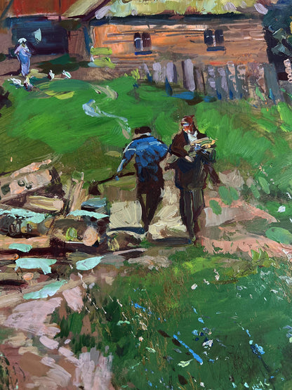 Vibrant impressionist oil painting by Yuriy Suprunchuk of summer village stroll