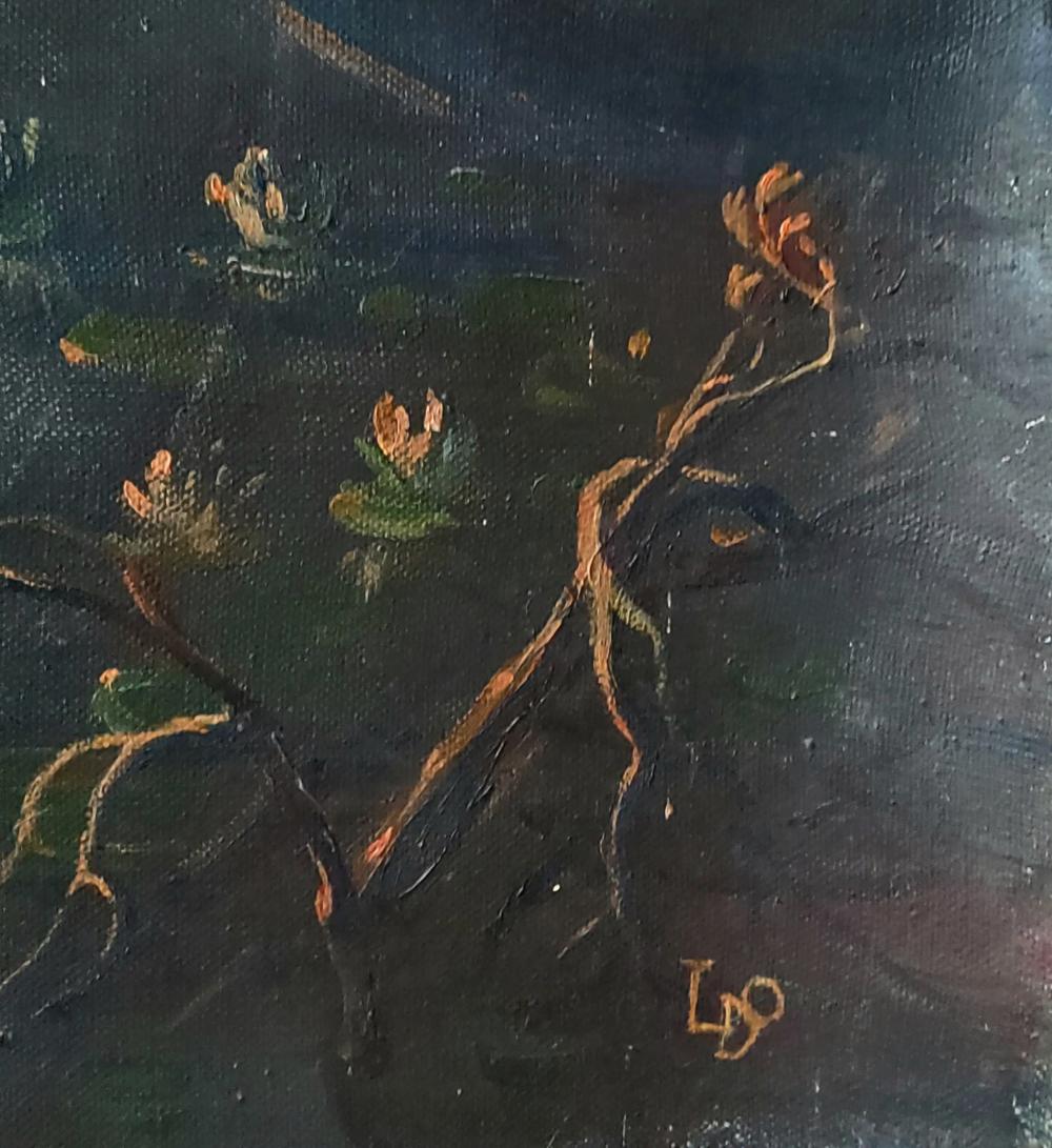 Oil painting Fairytale night in the forest by Daniil Litvinov with orange water lilies