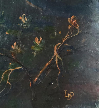 Oil painting Fairytale night in the forest by Daniil Litvinov with orange water lilies