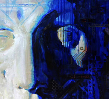 Oil painting Gudon Ed Potapenkov: stylized face in blue white brushstrokes, circuit patterns