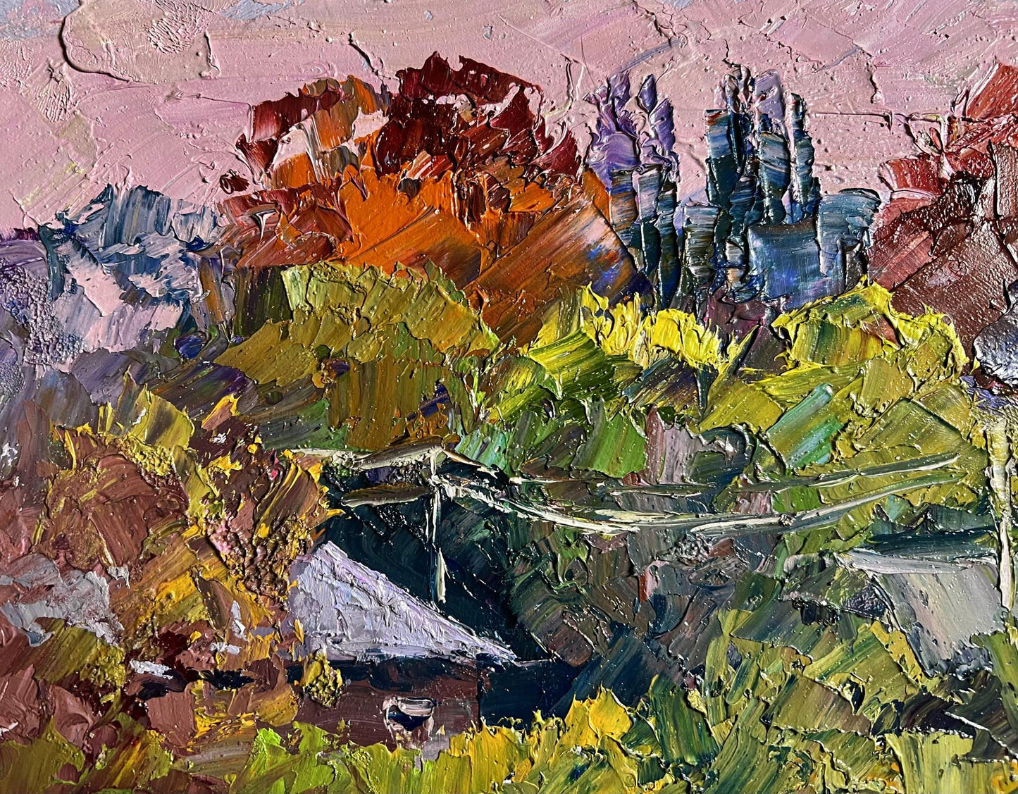 Crimson Autumn oil painting by Boris Serdyuk, vibrant impressionist landscape