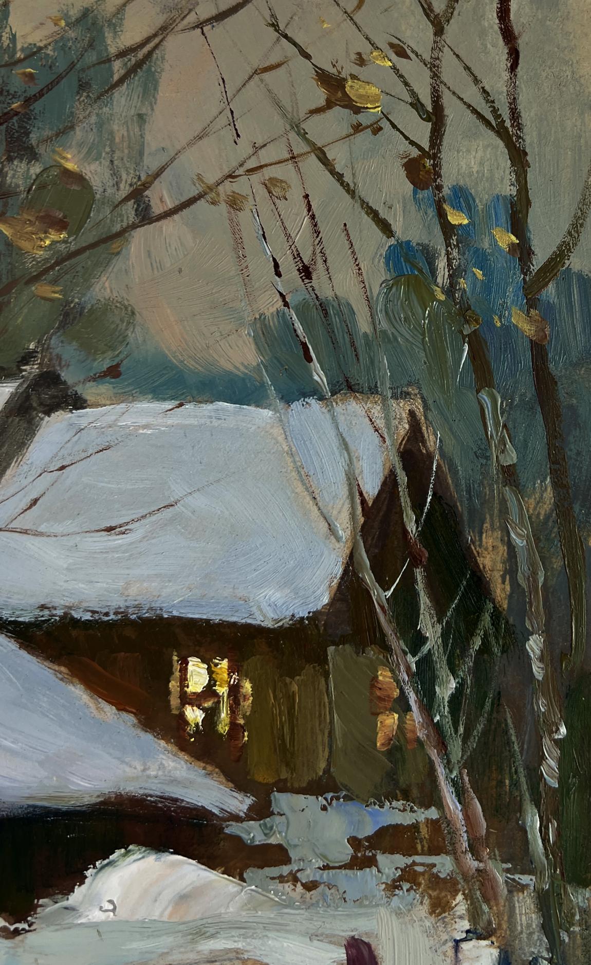 Oil painting of cozy snow-covered cottage glowing warmly among winter trees by Yuriy Suprunchuk
