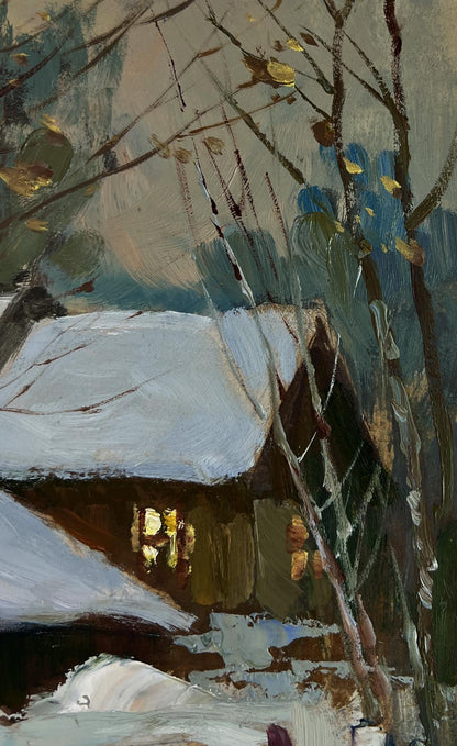Oil painting of cozy snow-covered cottage glowing warmly among winter trees by Yuriy Suprunchuk