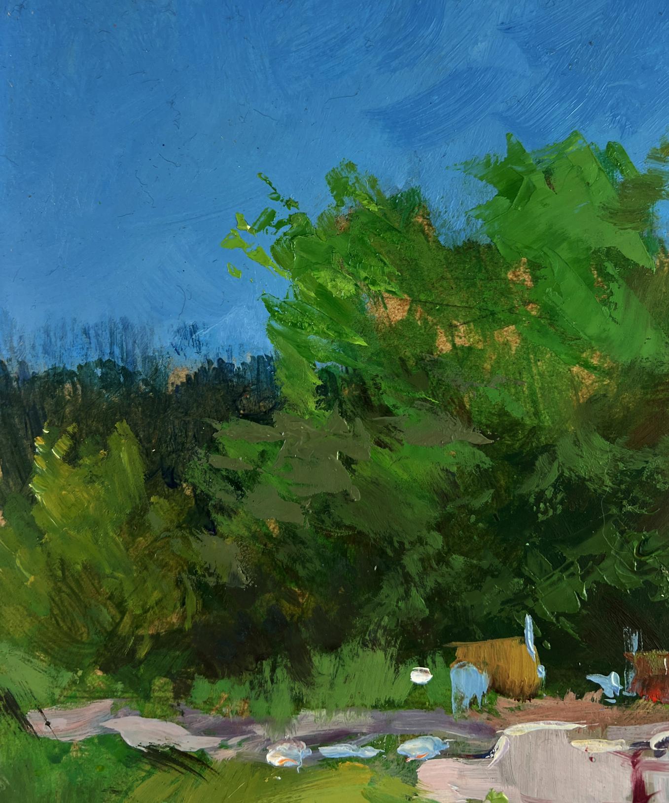 Impressionistic oil painting of vibrant green tree by river on summer day by Yuriy Suprunchuk