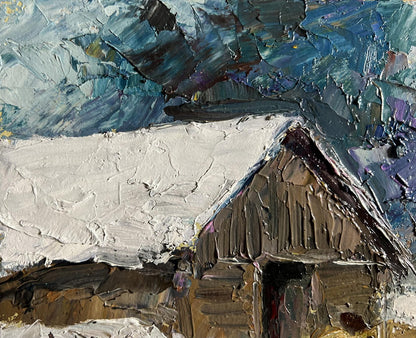 Oil painting Winter bustle in the yard by Boris Serdyuk, rustic snowy house