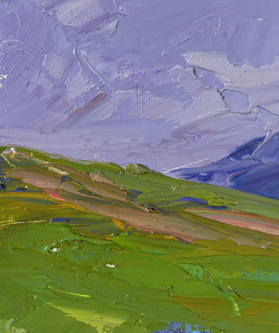 Oil painting of Boris Serdyuk mountain flower fields in rolling green hills under purple sky