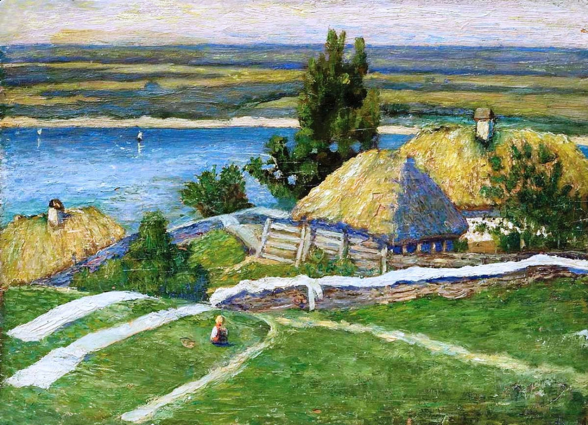 Mykola Burachek impressionist thatched-roof cottage by serene lake