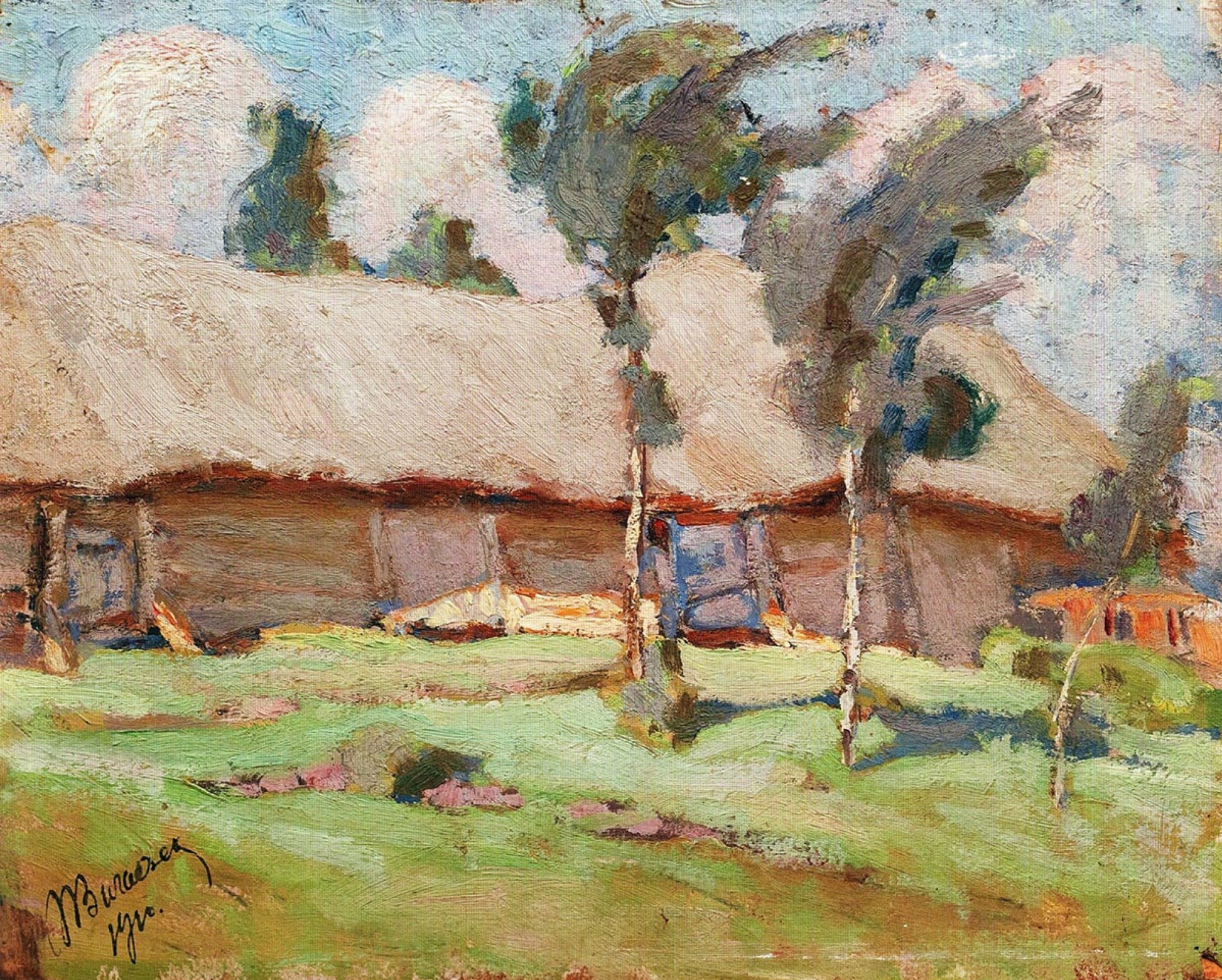Collectible Mykola Burachek rural landscape painting of rustic thatched house