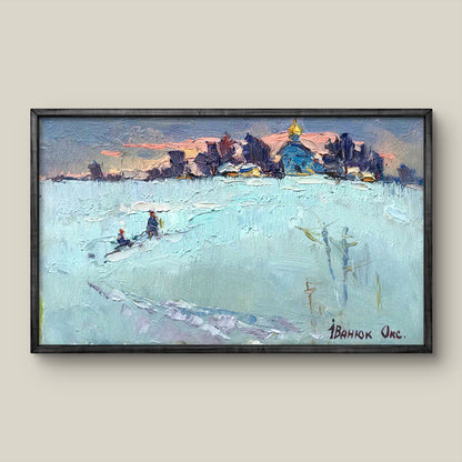Framed oil painting The Chapel’s Winter Watch by Ivanyuk Oksana, snowy landscape