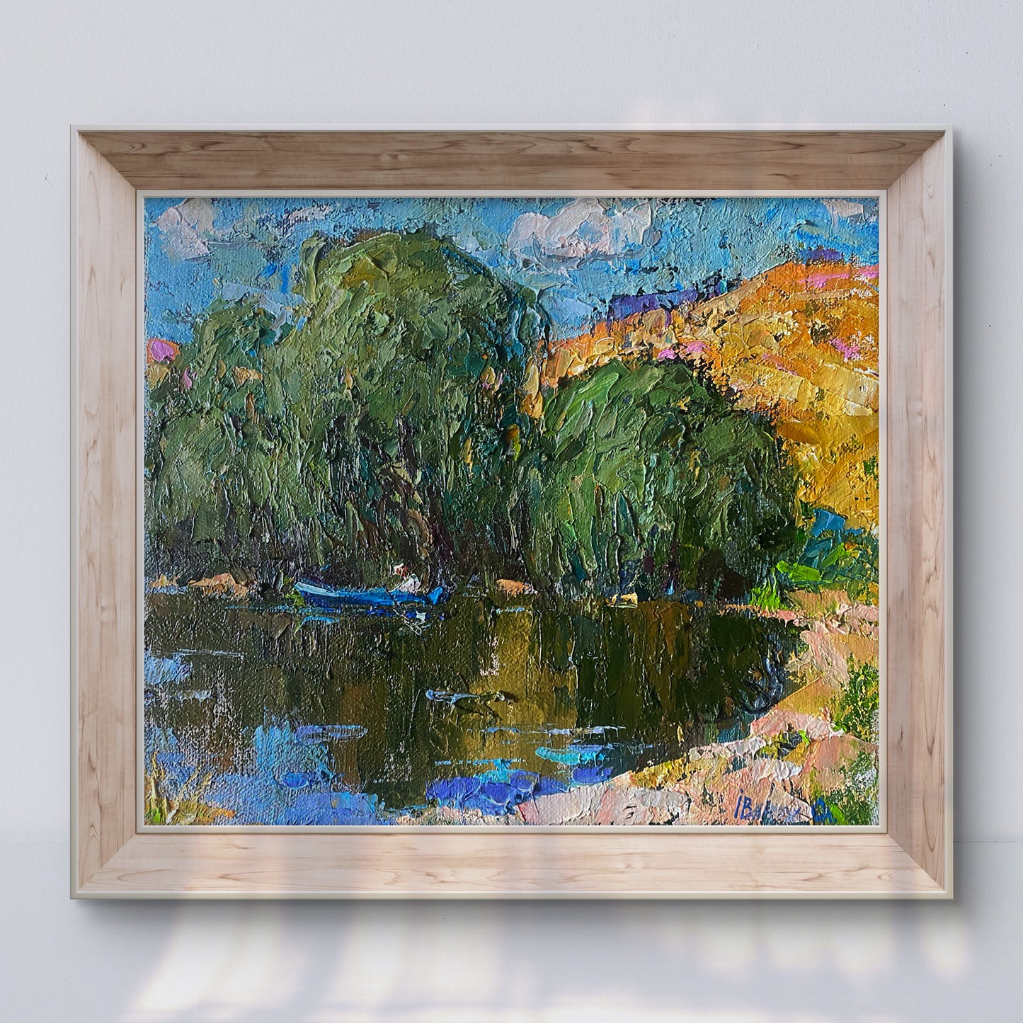 Vibrant Oleksiy Ivanyuk oil painting of boat on lake in light wood frame