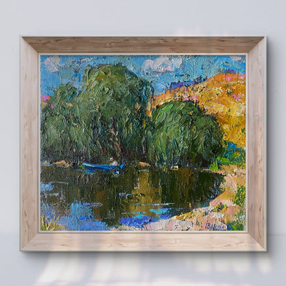 Vibrant Oleksiy Ivanyuk oil painting of boat on lake in light wood frame
