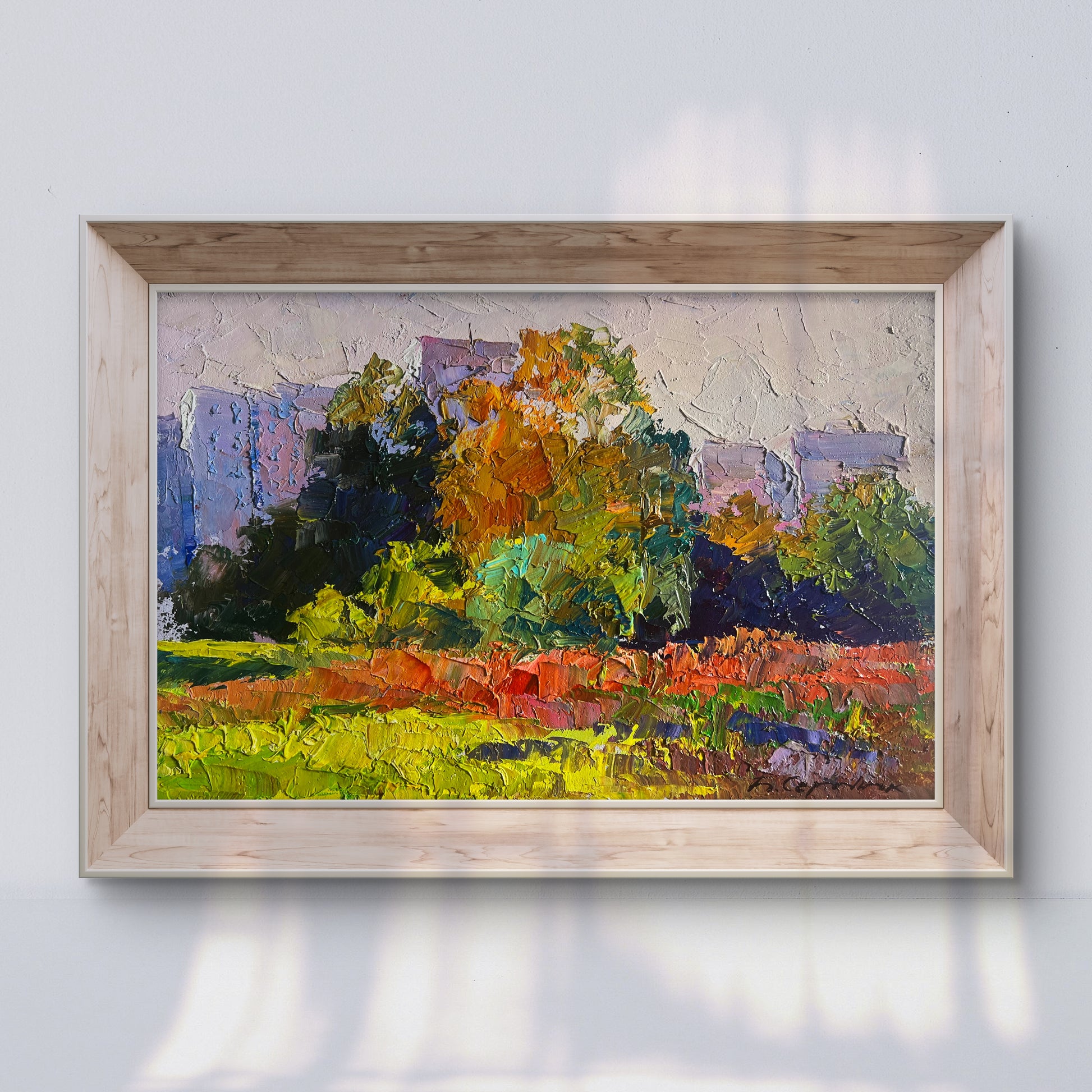 Oil painting Autumn Meadows by Boris Serdyuk in light wood frame