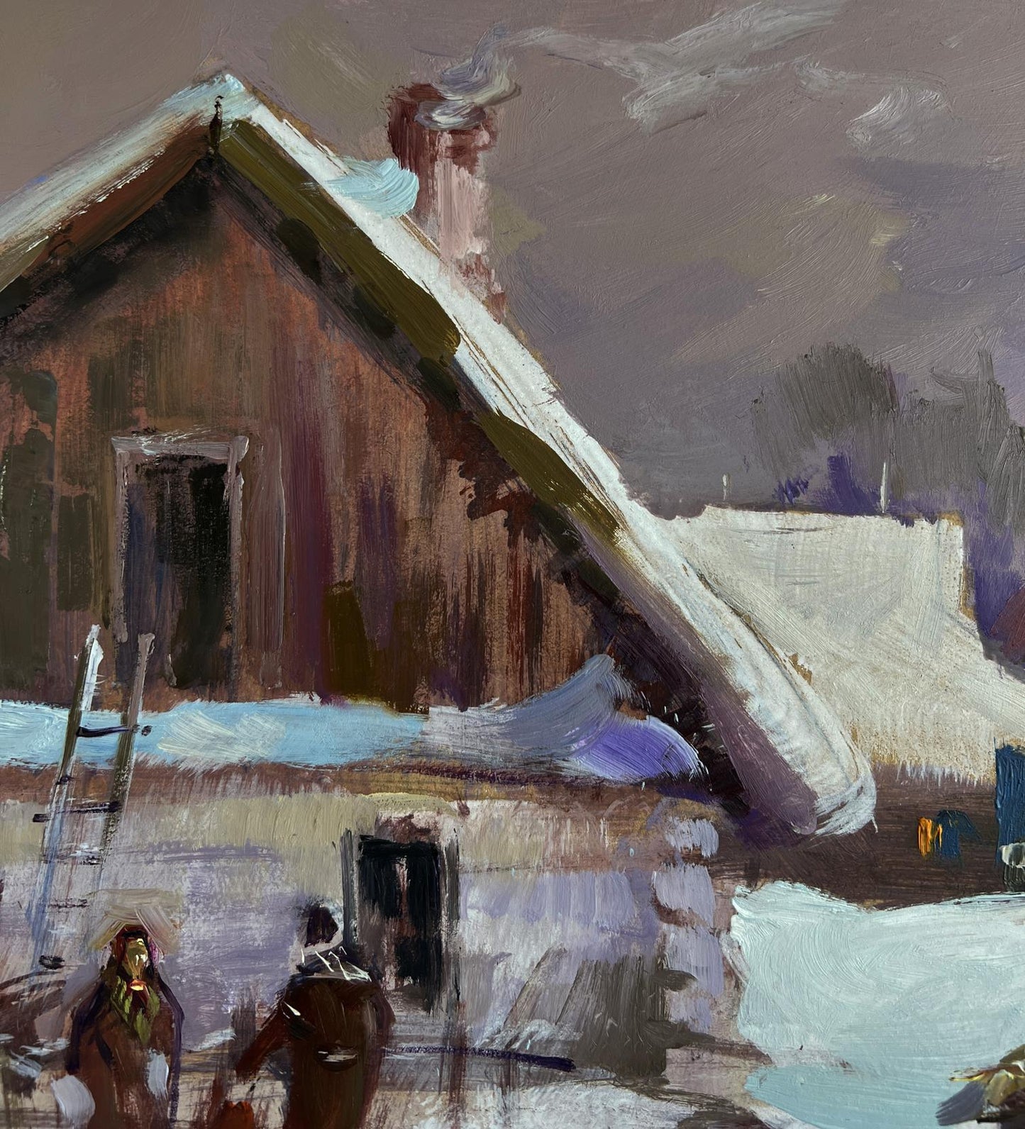 Oil painting by Yuriy Suprunchuk: rustic snowy village house
