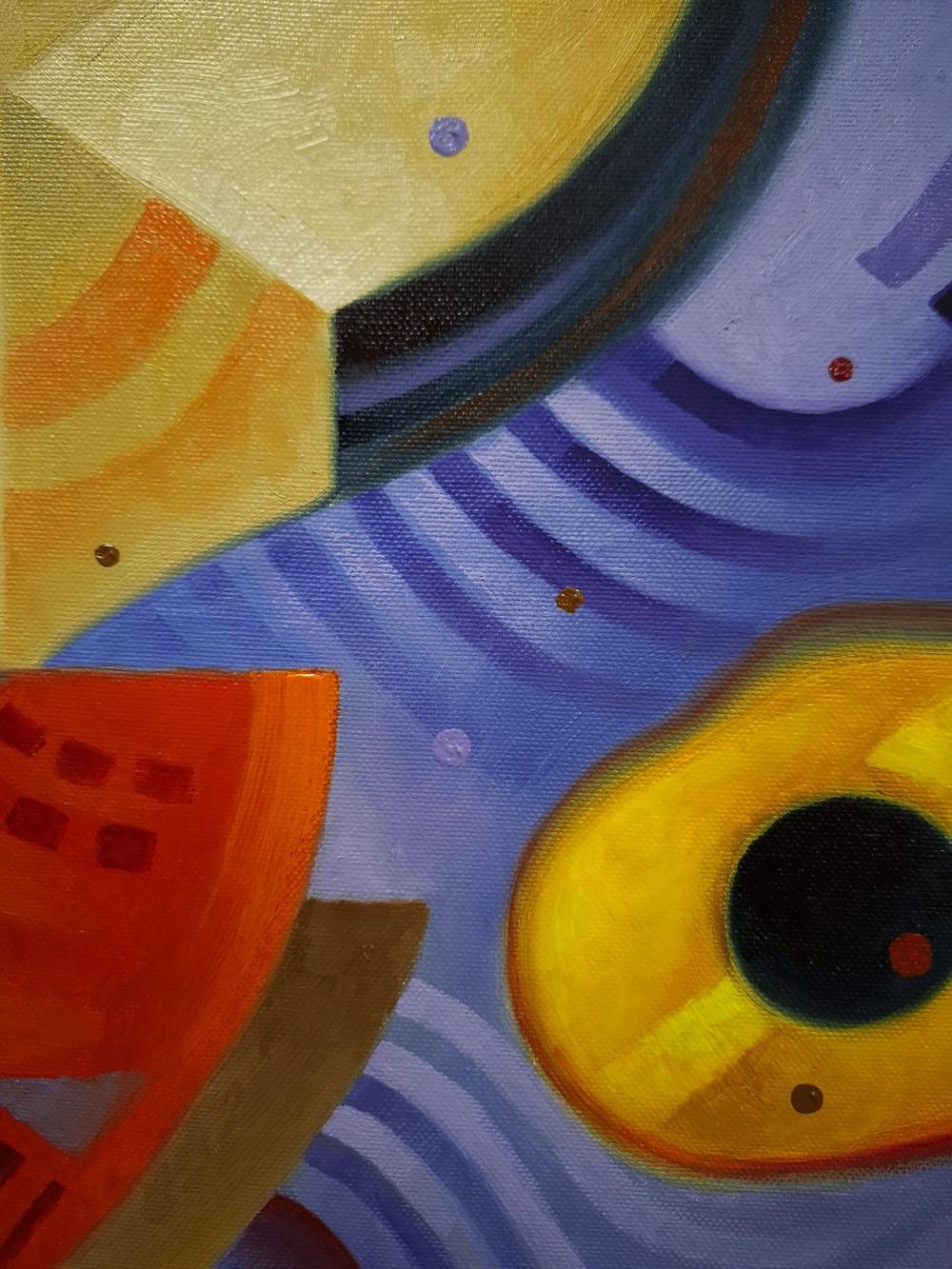 Oil painting Yin Yang Abstraction by Sergiy Voichenko with bold yellow, orange, purple geometric shapes