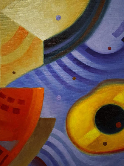 Oil painting Yin Yang Abstraction by Sergiy Voichenko with bold yellow, orange, purple geometric shapes
