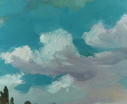 Oil painting Summer quiet fishing by Yuriy Suprunchuk with turquoise sky and clouds