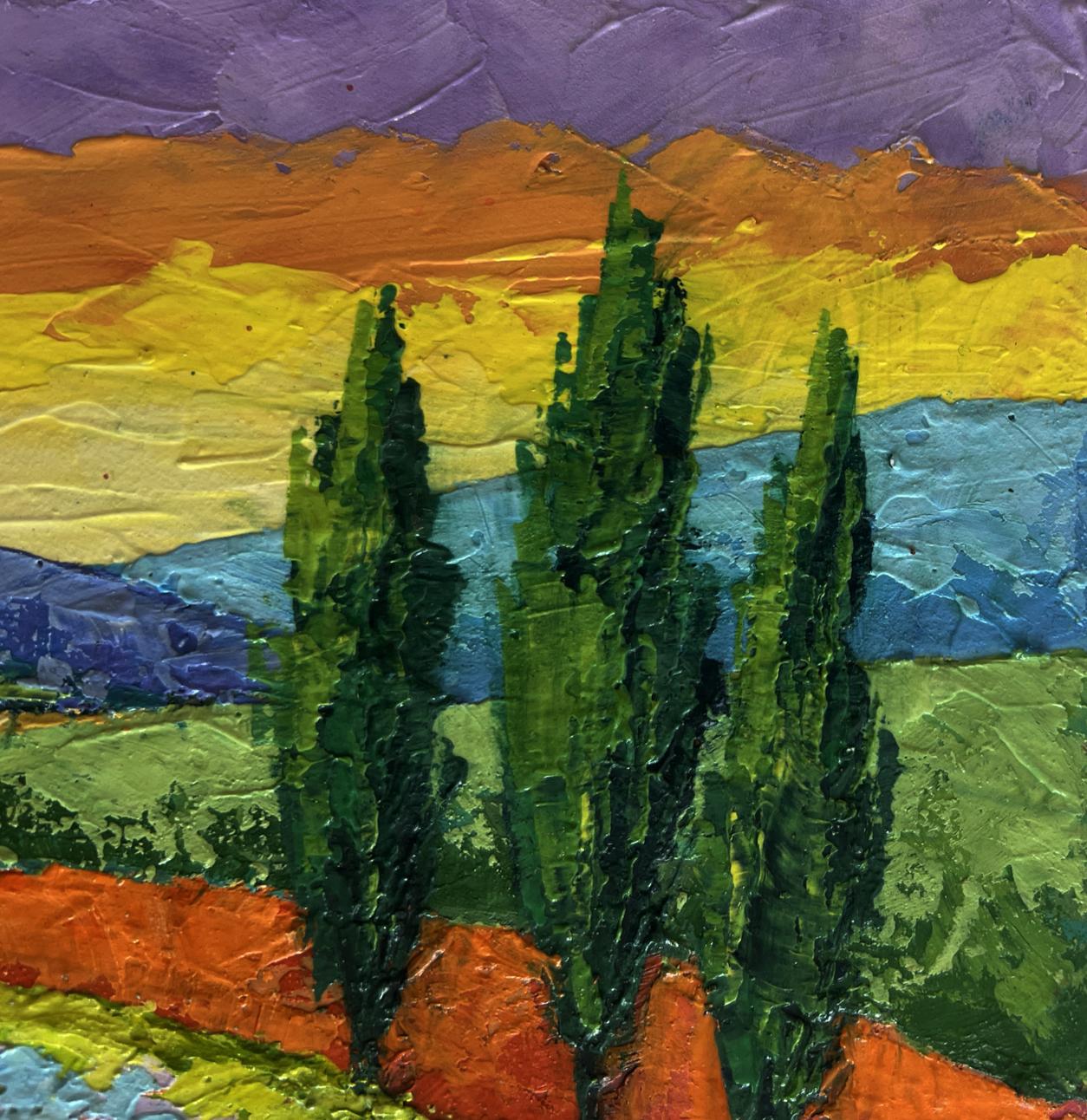 Vibrant impressionist oil painting of cypress trees, flower fields and sunset by V. Zadorozhnya
