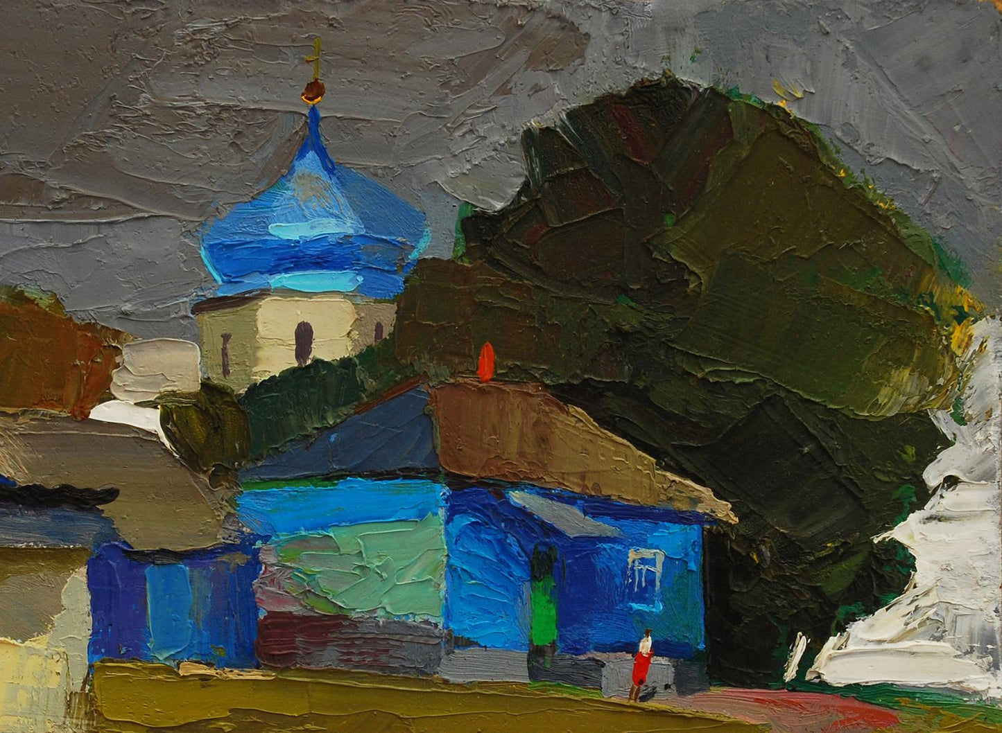 Oil painting of blue domed church with golden cross under gloomy gray sky by Egor Shvachunov