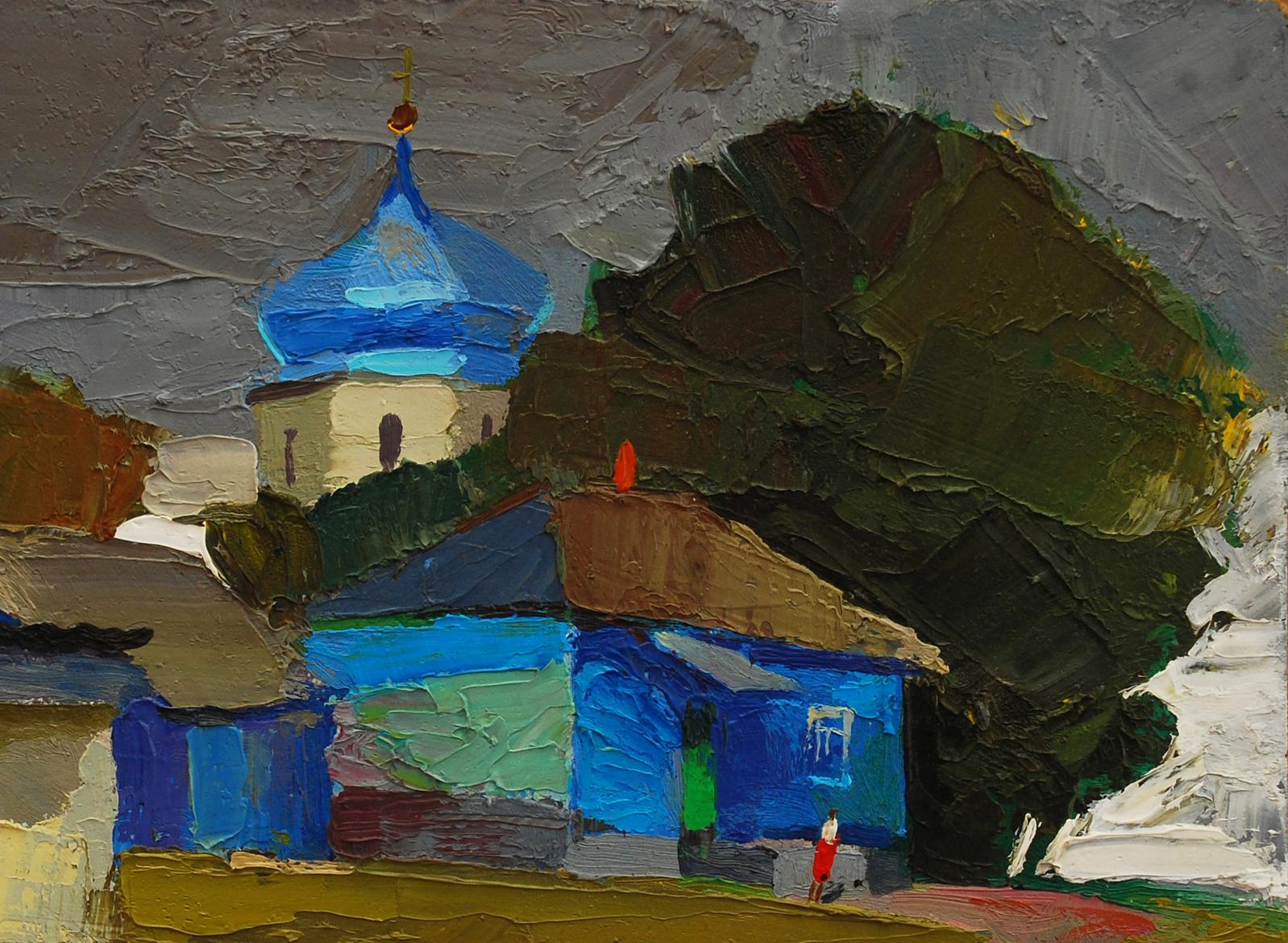 Oil painting of blue domed church with golden cross under gloomy gray sky by Egor Shvachunov