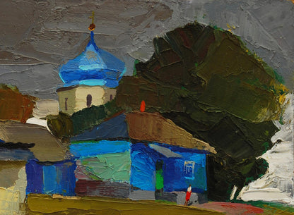 Oil painting of blue domed church with golden cross under gloomy gray sky by Egor Shvachunov