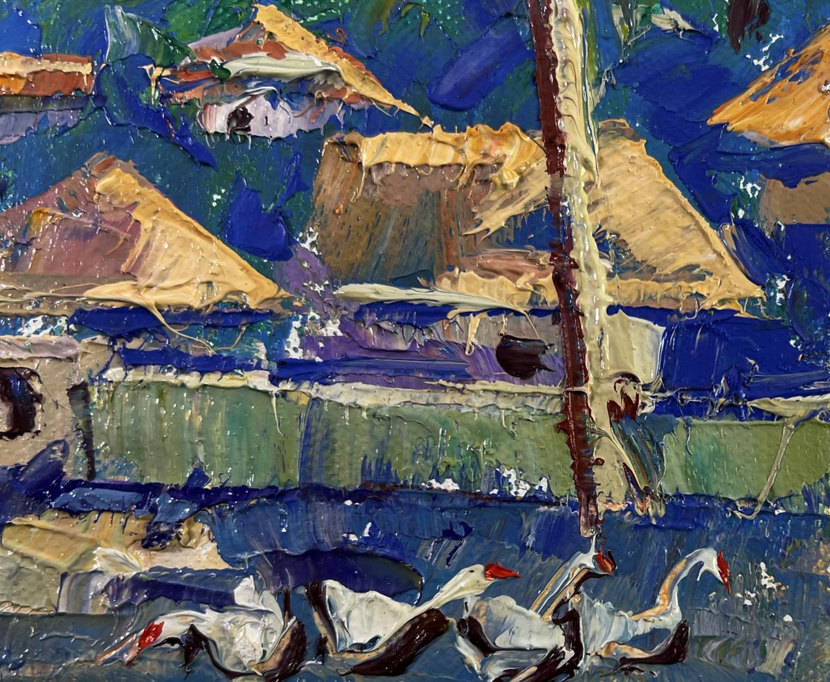Vibrant Oleksiy Ivanyuk oil painting of geese in sunlit waterway