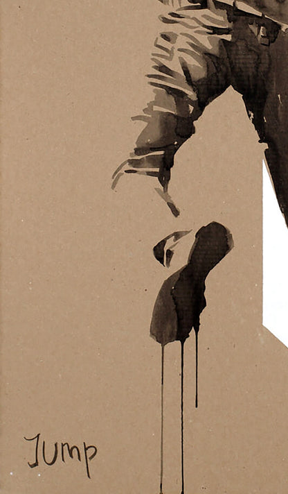 Stylized black ink Jump by Dima Filatov, figure mid-jump with drips on beige
